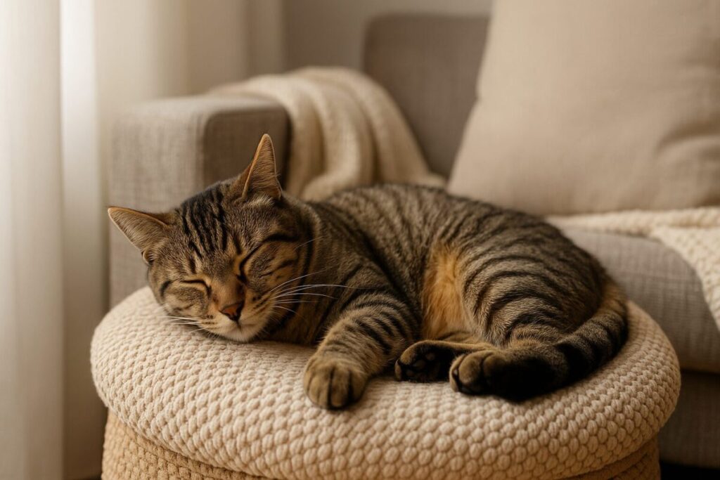 ふわふわのベッドで安心して眠る猫の様子