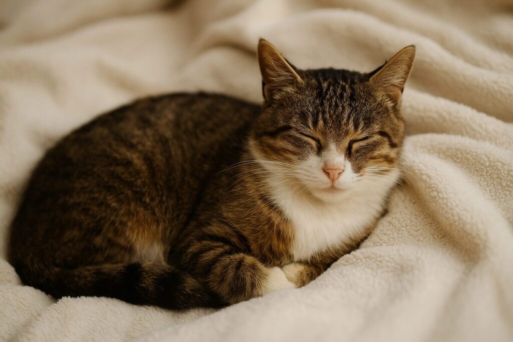 毛布の上で眠っている保護猫の写真