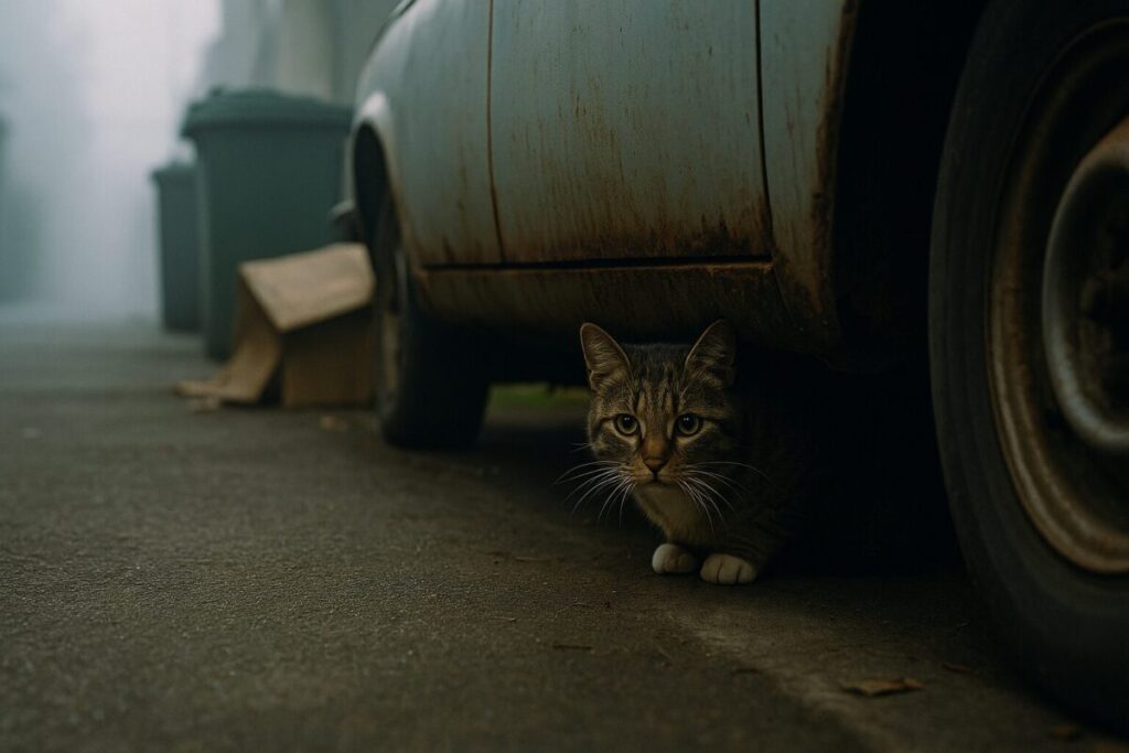 錆びた車の下で警戒しながら隠れている野良猫の写真