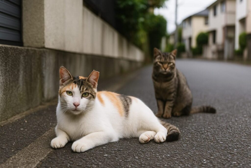 住宅街の路上でくつろぐ2匹の猫(地域猫と野良猫)の様子
