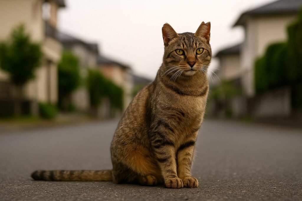住宅街の道路に座るV字耳カットのキジトラ猫の全身の様子