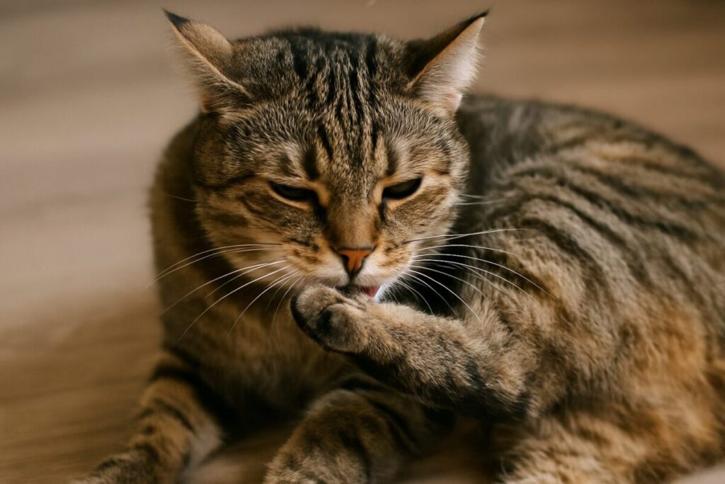 猫が後ろ足を噛んで気にしている様子