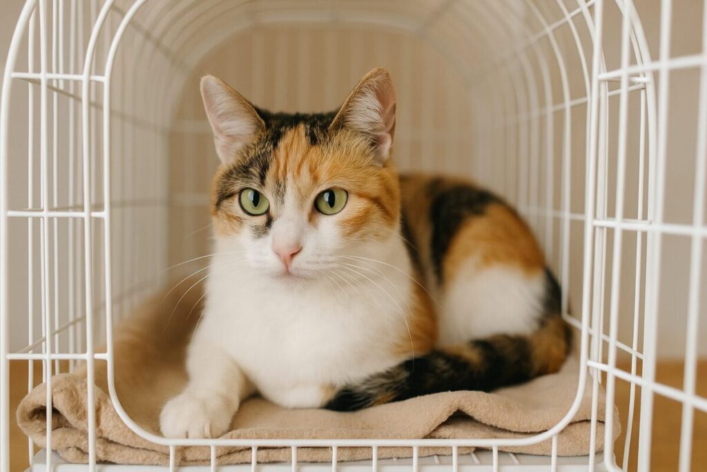 室内のケージで落ち着いている三毛猫の様子