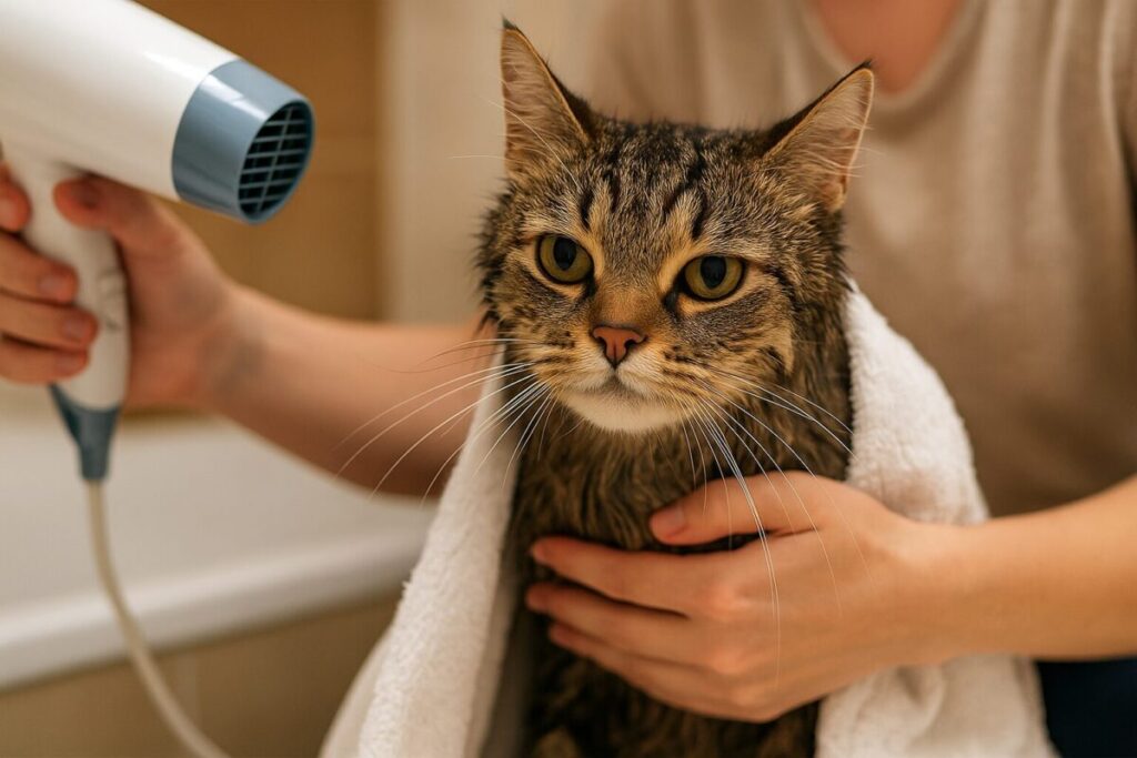 タオルに包まれてドライヤーで乾かされる猫の様子