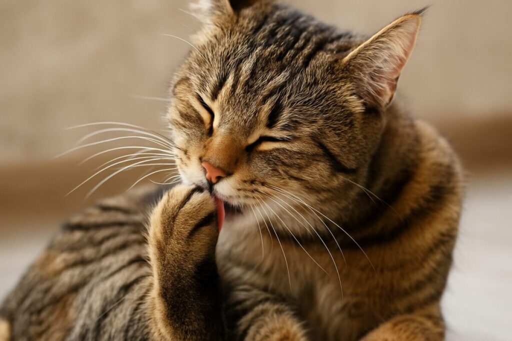 猫が前足の爪を丁寧にお手入れしている様子