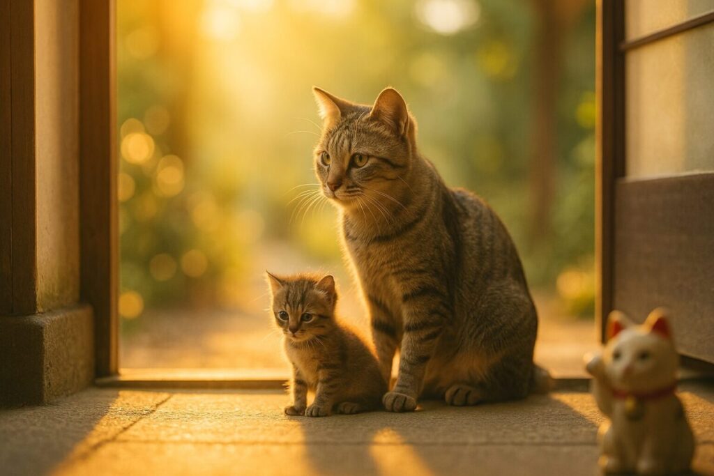 柔らかな光の中で玄関にたたずむ母猫と子猫と招き猫の置物