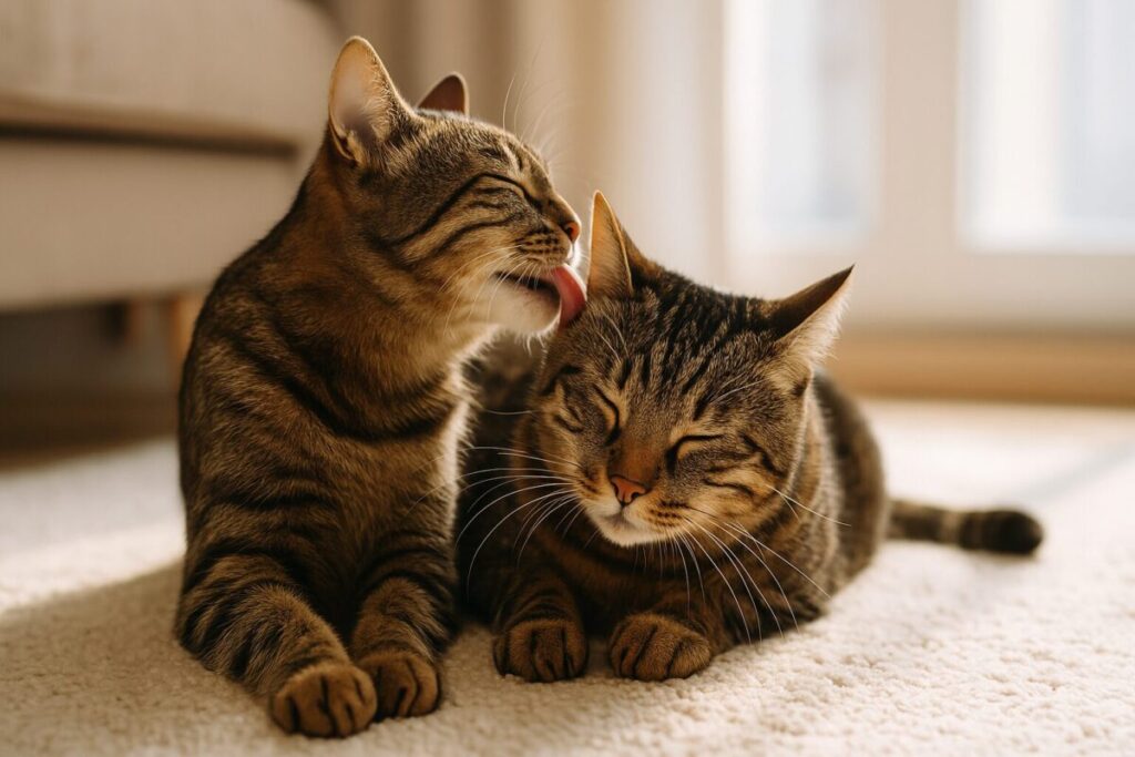 室内で猫同士が仲良く毛づくろいしている様子