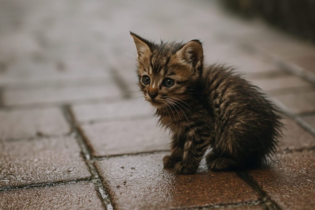 雨に濡れたレンガの上でうずくまる子猫の姿