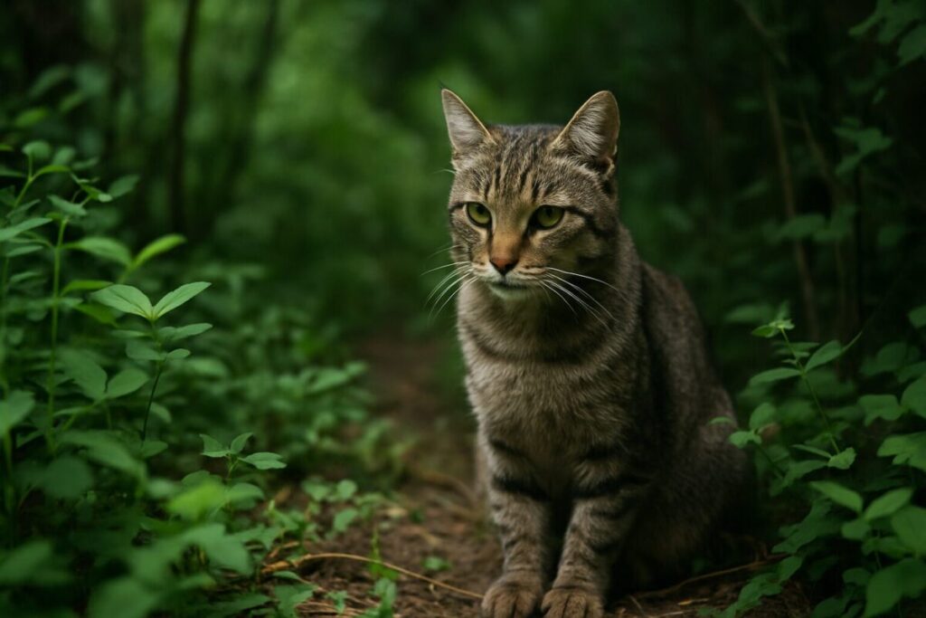 茂みにひっそりと隠れる野良猫の姿