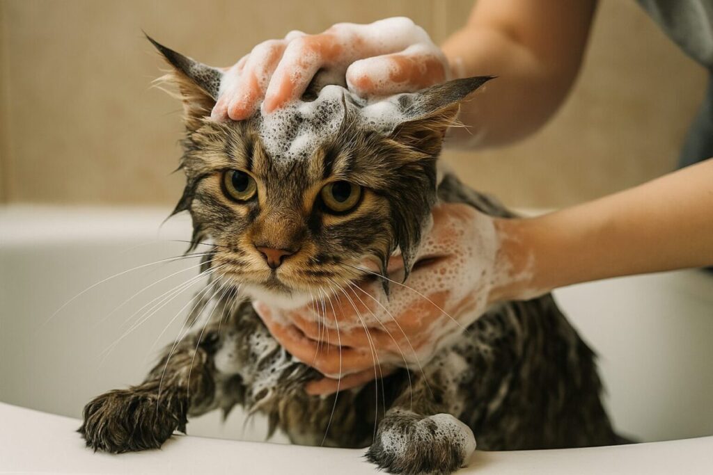 猫が泡だらけでシャンプーされている様子