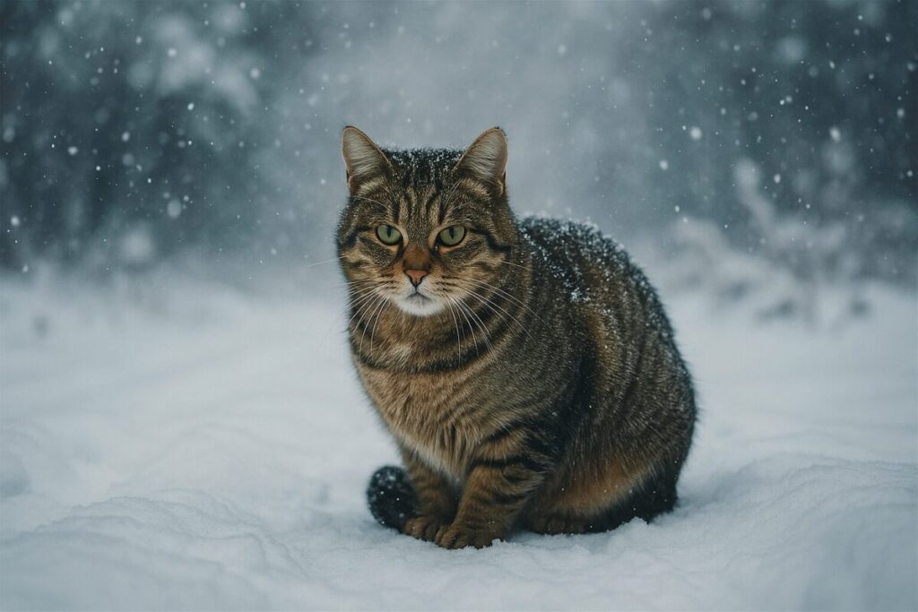 雪の中でじっと耐える野良猫の姿