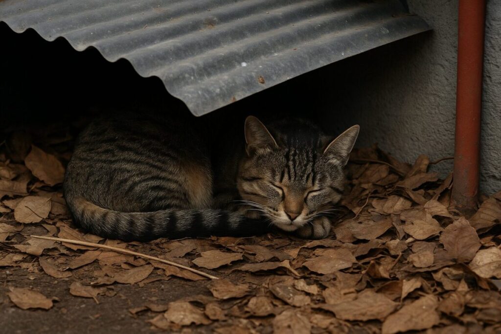 トタン屋根の下で眠る野良猫の姿