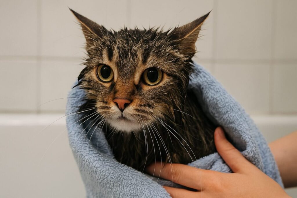 濡れた猫がタオルに包まれている様子