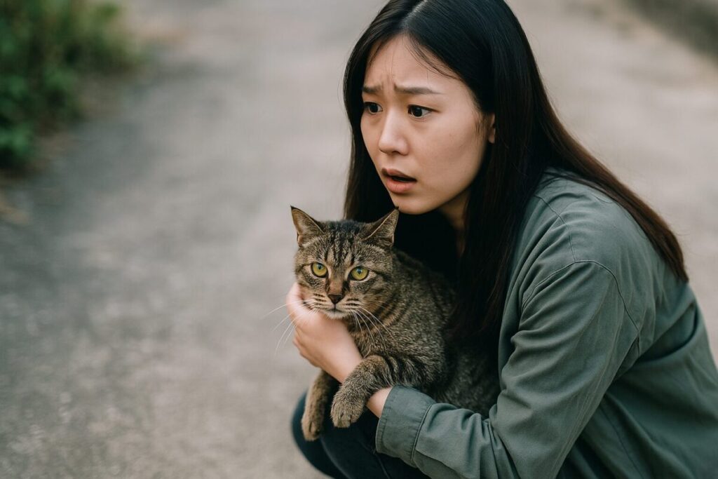 猫を抱きかかえ心配そうに見つめる女性の姿