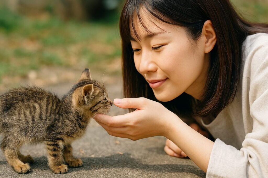 子猫に優しく手を差し伸べる女性の姿
