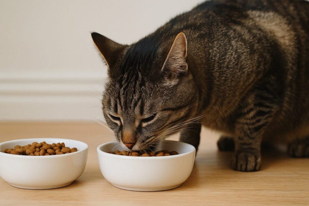 2つの皿からフードを食べる猫の写真