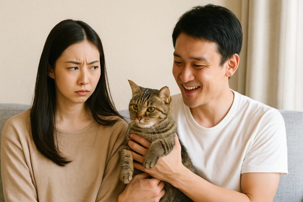 猫を抱く男性と、不満そうに見つめる女性の写真
