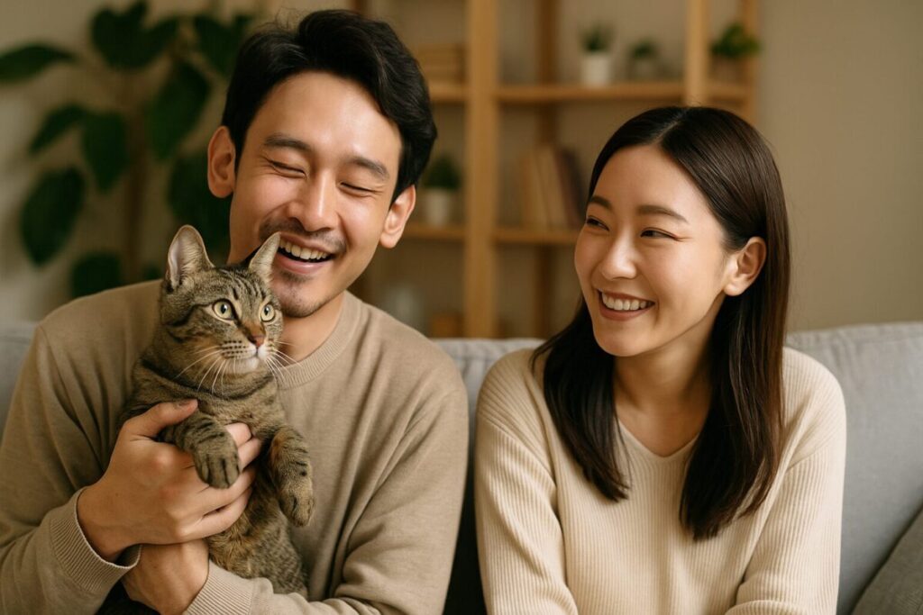 猫と一緒に寄り添うカップルの写真。恋愛やモテる雰囲気を感じさせるシーン