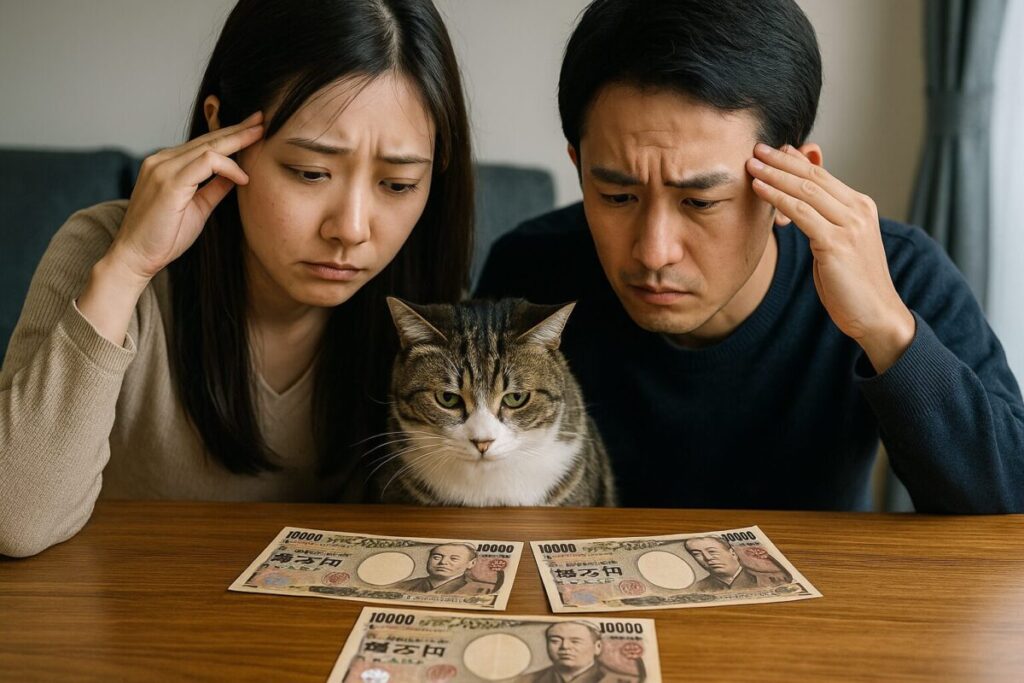 男女が猫と一緒に机の上に並べた一万円札を見て悩んでいる写真