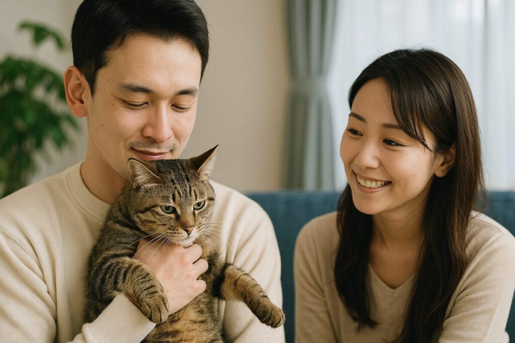 猫を抱いた日本人男性を優しく見守り、微笑む女性の写真