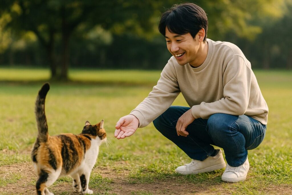 男性が猫に優しく手を差し伸べて寄ってこさせる様子の写真