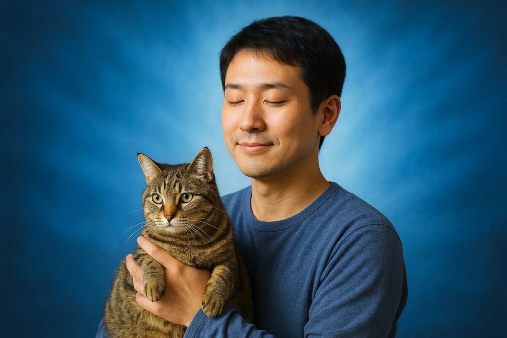猫と一緒にいて穏やかなオーラを放つ男性の写真