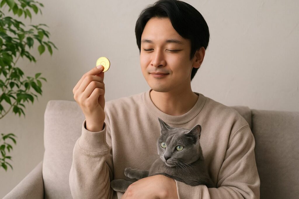 猫と男性が一緒に過ごす神秘的な雰囲気の写真。スピリチュアルや金運を連想させるシーン