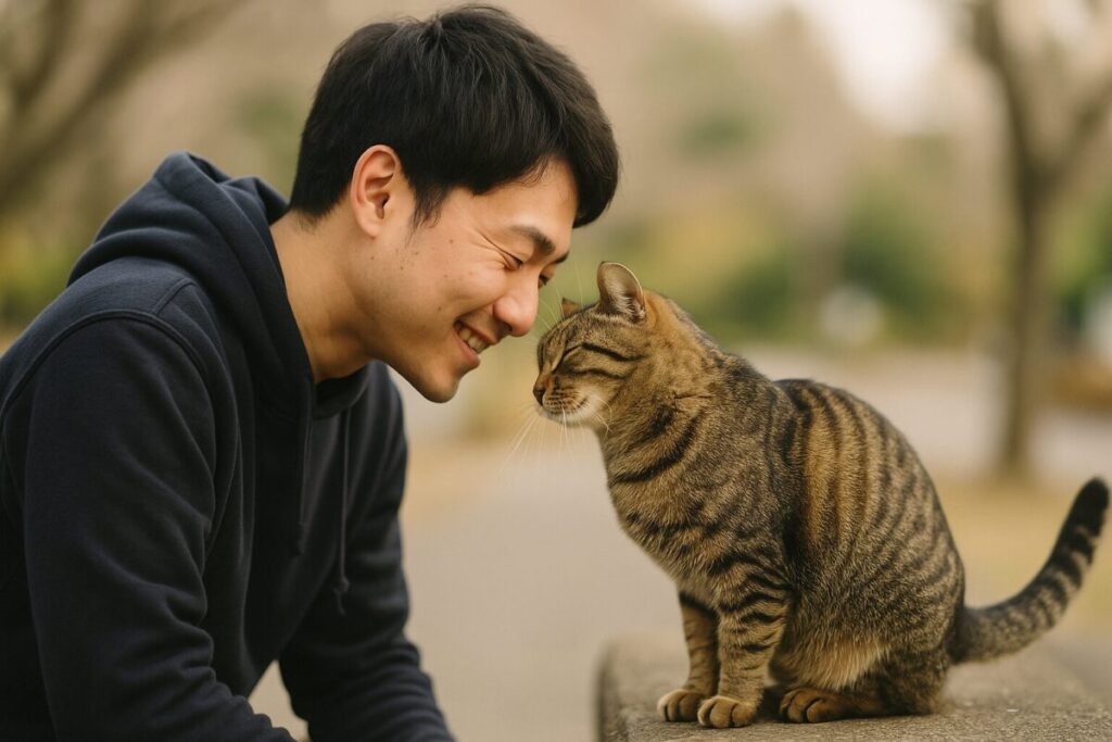 男性が猫と信頼関係を築き優しく触れ合っている様子の写真