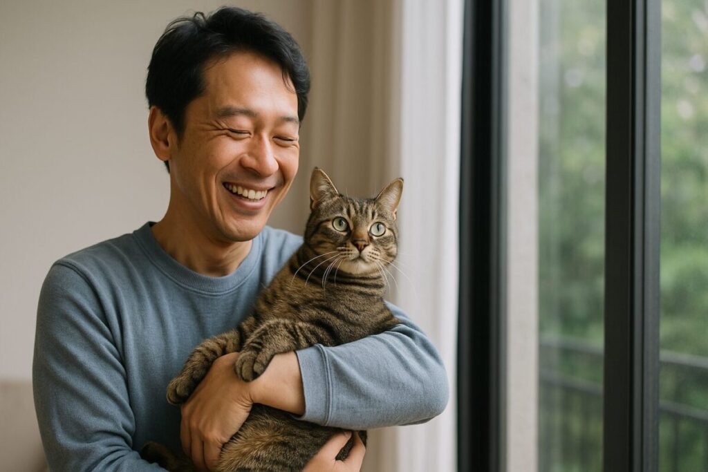 笑顔の男性が猫を抱いて幸せそうにしている写真