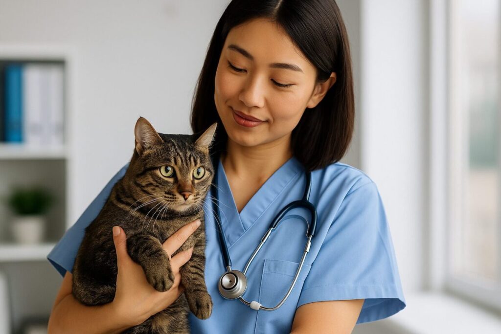 猫を優しく抱える女性獣医師の写真