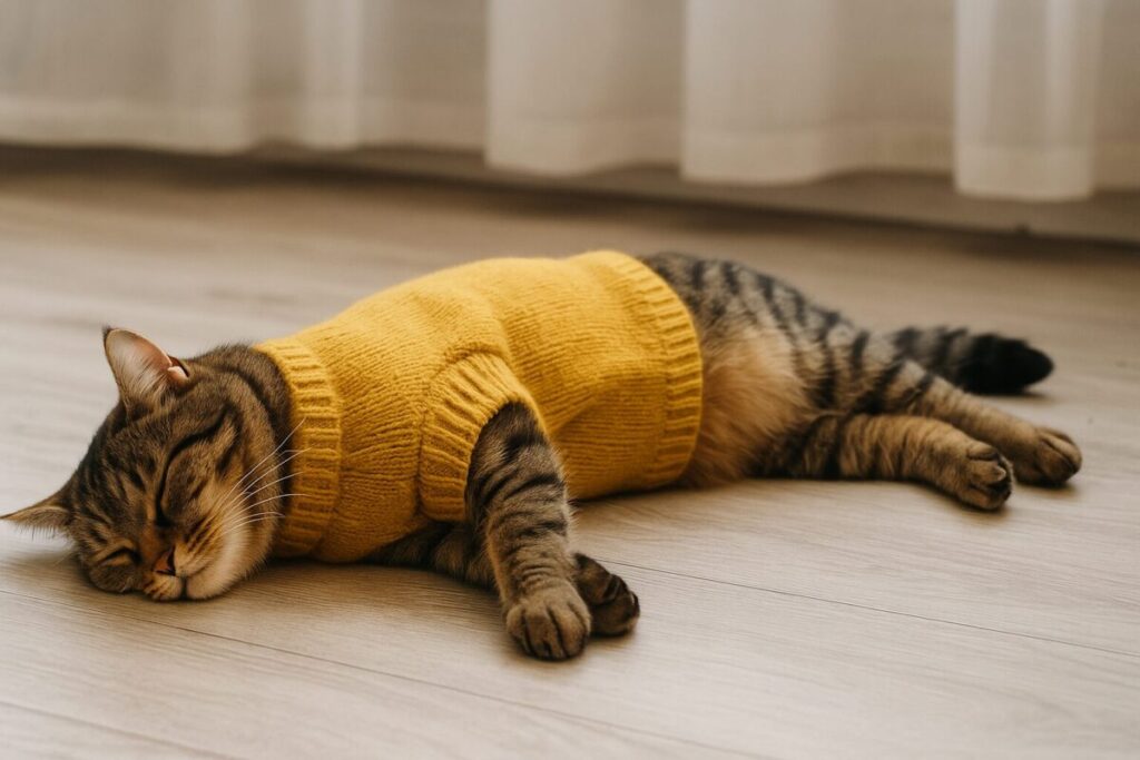 黄色いセーターを着て床に倒れて横になる猫