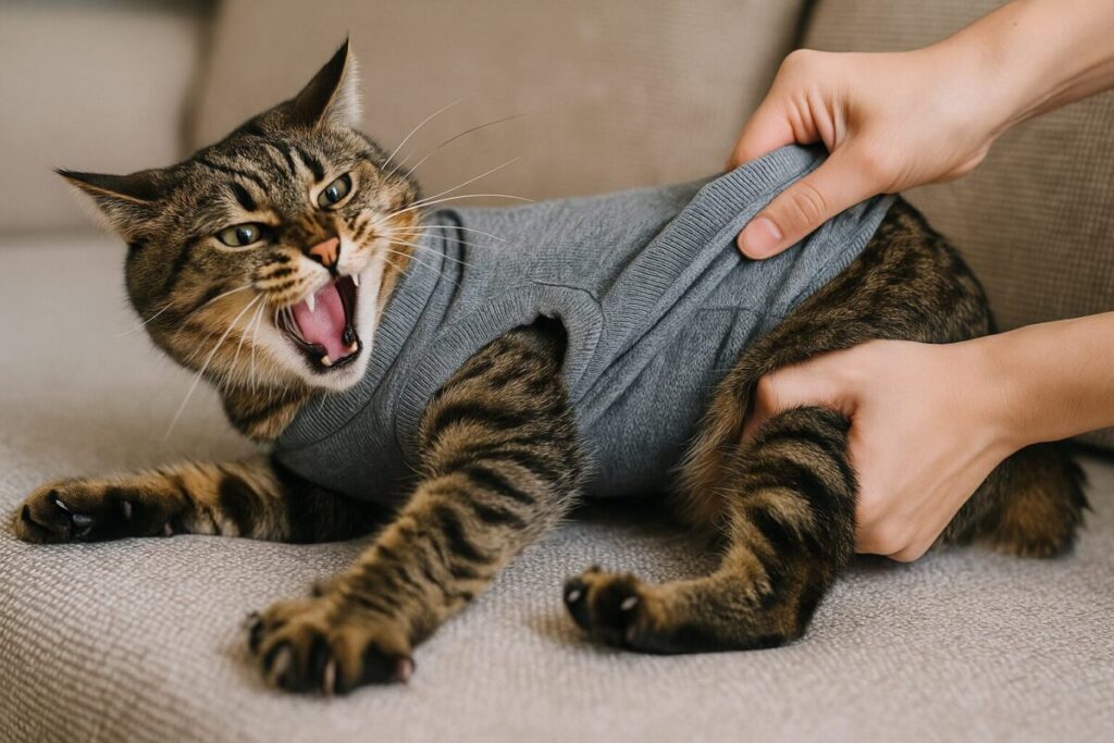 服を無理に着せられて激しく抵抗する猫