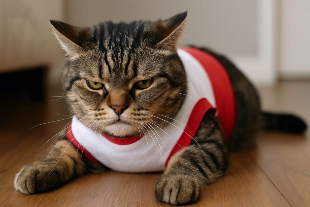 赤と白の服を着て不機嫌そうな表情をしている猫