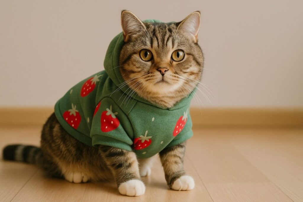 緑のイチゴ柄パーカーを着て床に座る猫