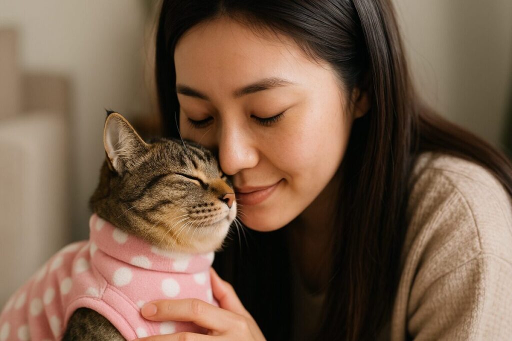ピンクの水玉模様の服を着た猫が女性に甘えている