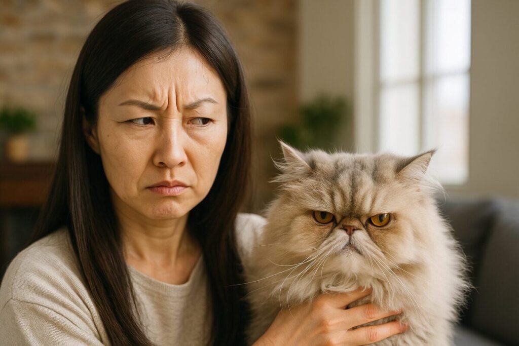 女性が性格が悪いと誤解されがちなペルシャ猫を抱いている写真