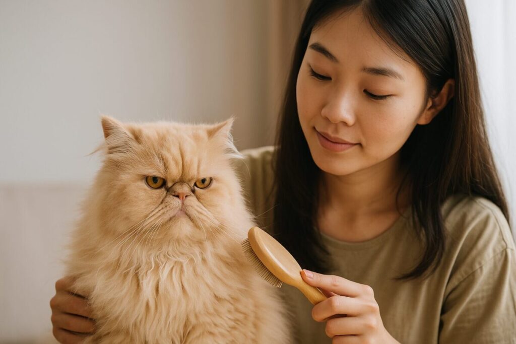女性がペルシャ猫をブラッシングしている様子