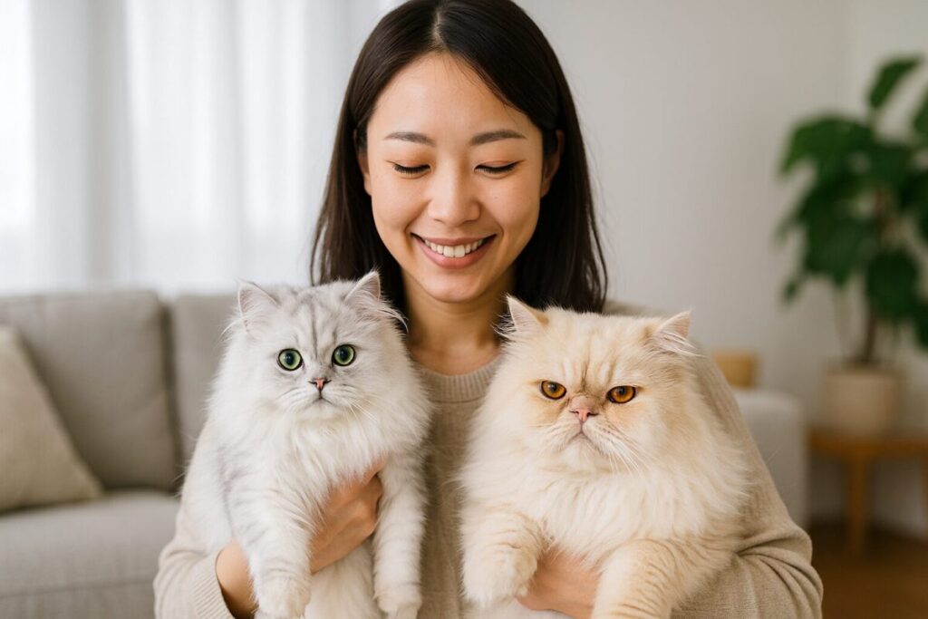 女性がチンチラペルシャ猫とペルシャ猫を抱いている写真